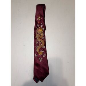 Vintage Dunhuang Shanghai Necktie 100% Pure Silk Chinese Dragon‎ Maroon Gold A55